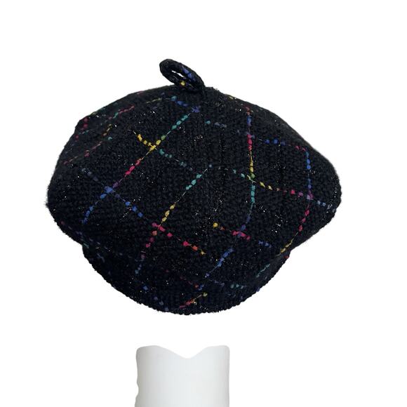 Misa Harada Millinery Tweed Beret Hat, colors, retro, two floral pins on side - Picture 5 of 11